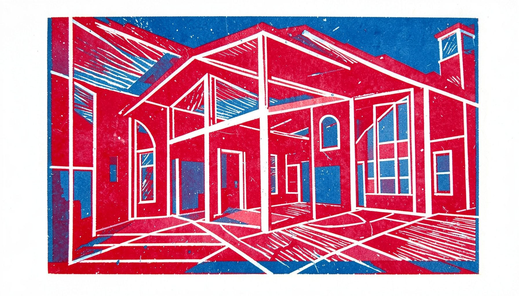 Linocut-veistos toimistorakennuksen sisätiloista, jossa selkeät geometriset muodot ja viileä siniharmaa väripaletti korostuvat.