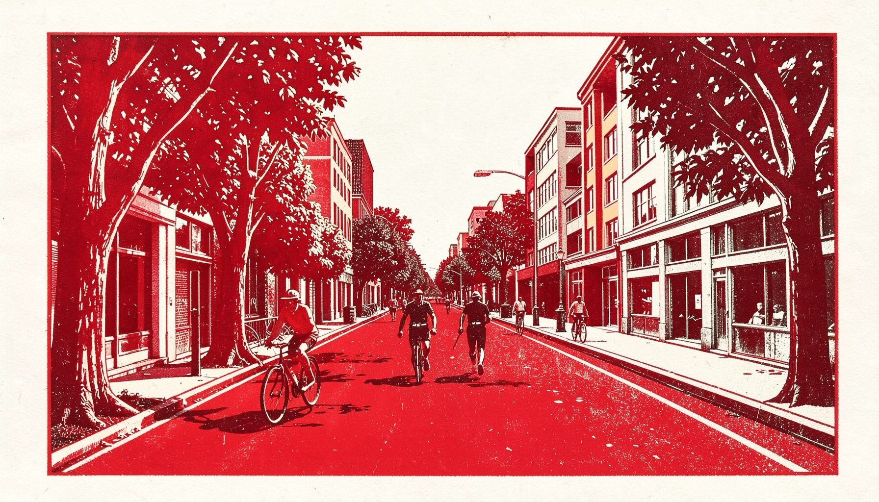 Linocut-vedos pyöräilijöistä leveällä pyörätiellä, jota reunustavat lehtipuut ja modernit kaupunkitalot, sävyinä okra ja ruskea.