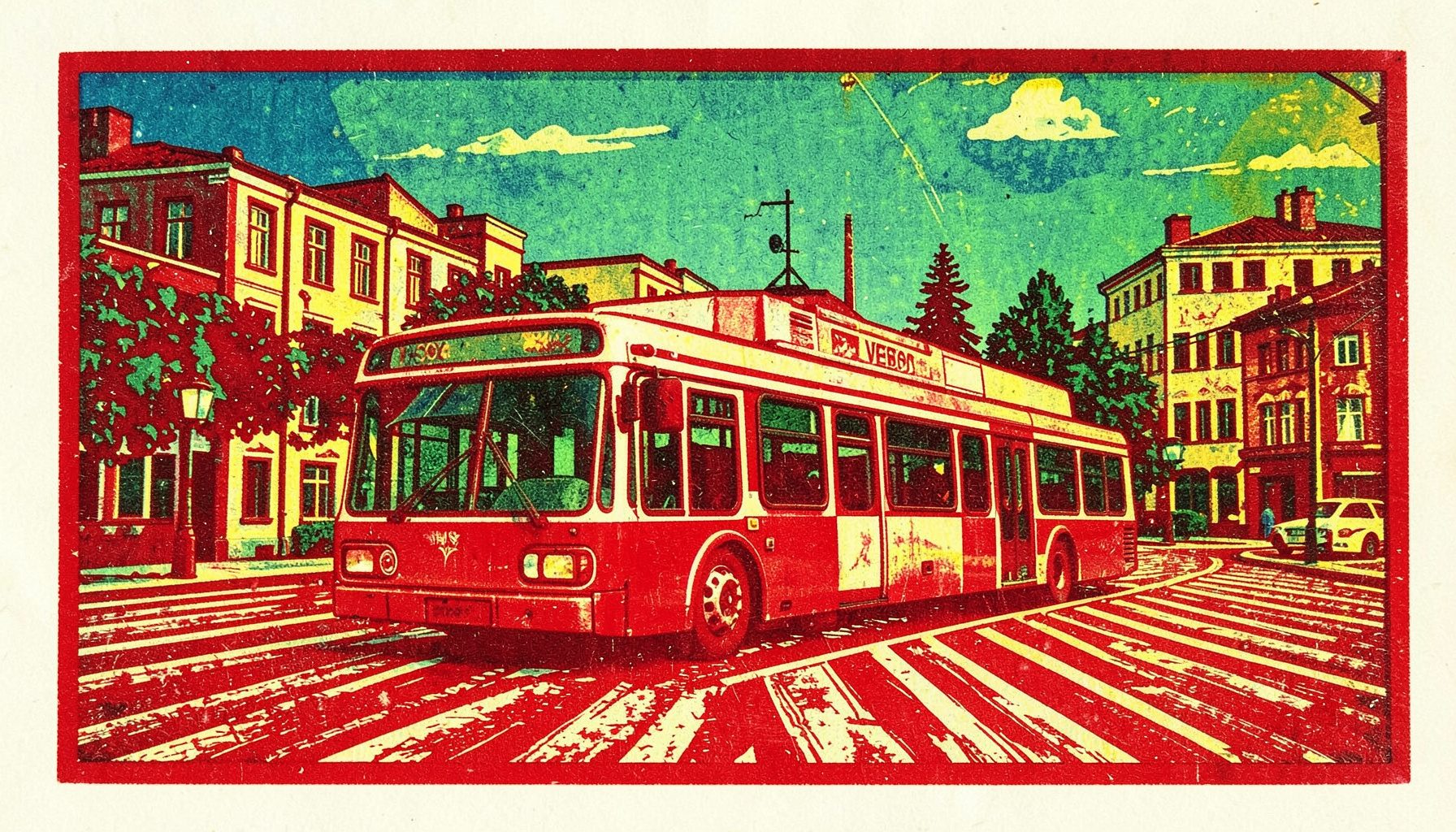 Linocut-vedos sähköbussista kaupungin pääkadulla, taustalla puurivistö ja matalia rakennuksia, sävyinä syvä vihreä ja siniharmaa.
