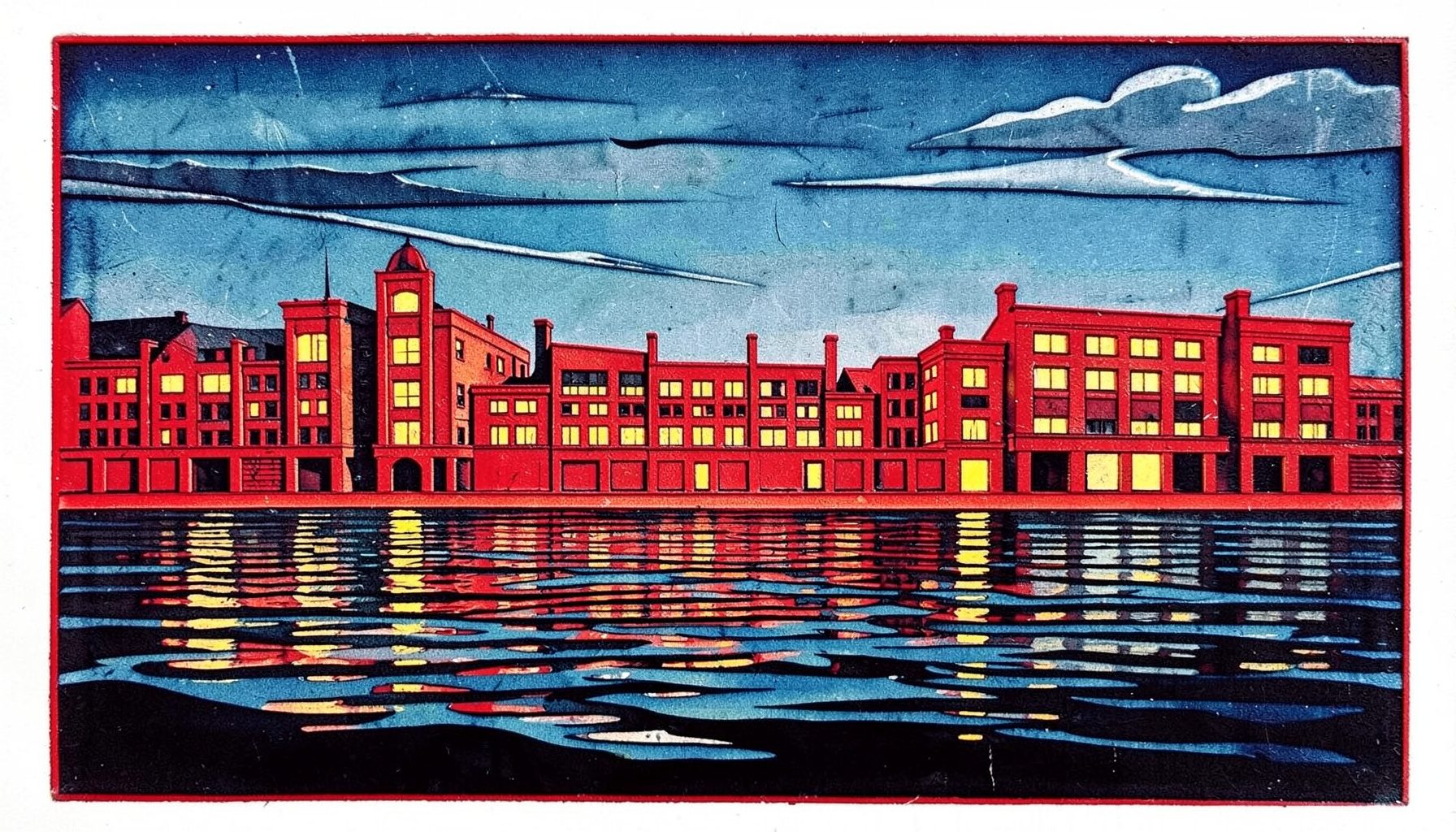 Linoleikkauspainokuva modernista kaupunkisiluetista iltataivaalla, syvät sinisen ja harmaan sävyt, lämmin keltainen valo